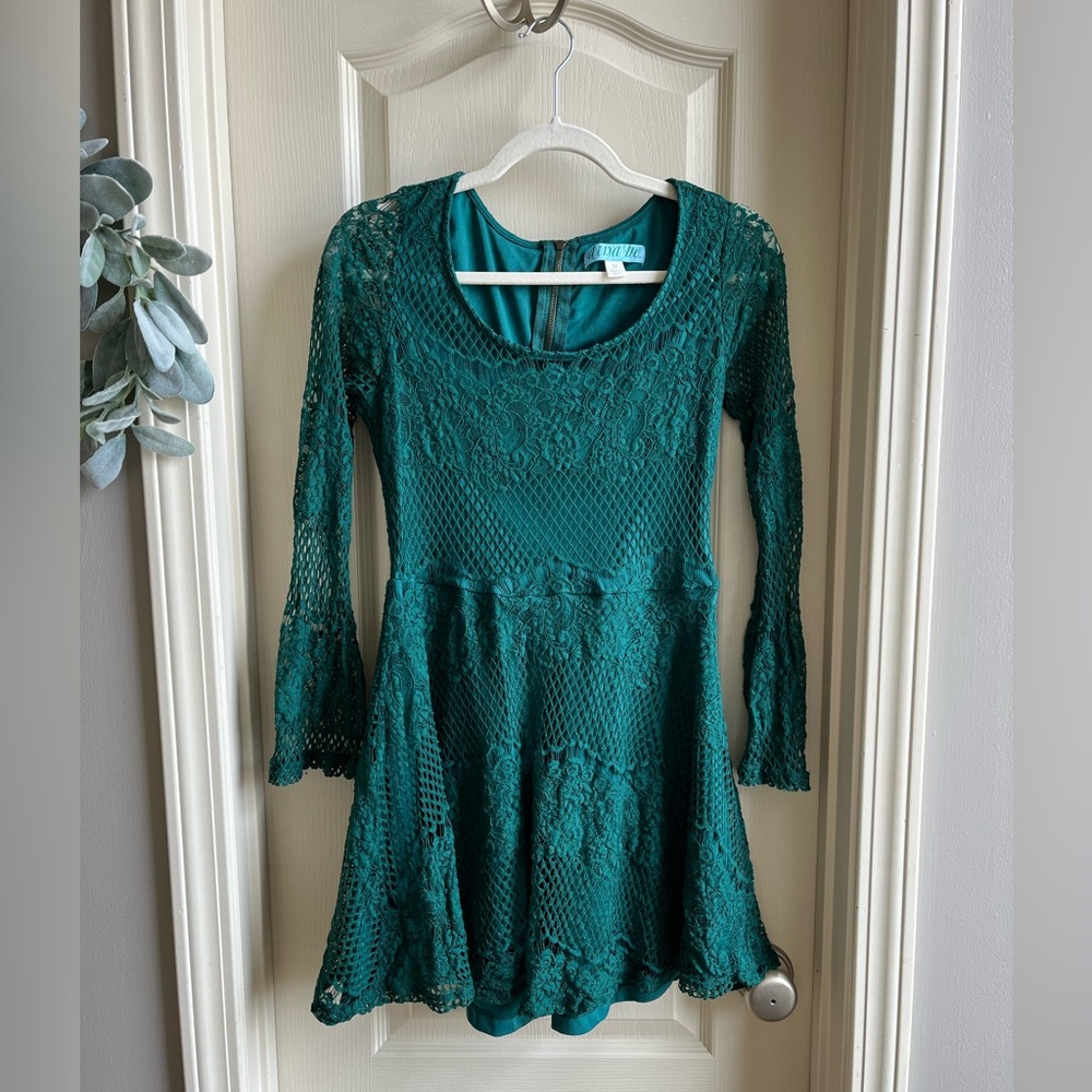 Aina Be Long Sleeve Lace Teal Green Fit and Flare Mini Dress